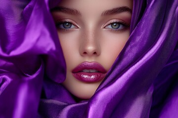 Naklejka premium A beautiful woman's face partially covered by purple silk fabric, with bold makeup featuring glossy lipstick and soft, shiny lips. 