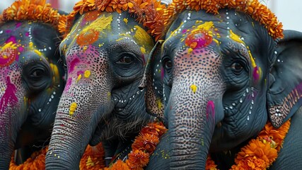 Colorful elephants adorned with flowers celebrate during a festive event in India