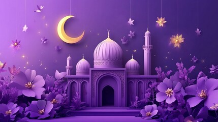 Ramadan Mubarak poster with 3D paper cut design featuring Islamic mosque, flowers and crescent moon. Luxurious purple color to create elegant and festive atmosphere.