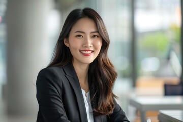 Fototapeta premium Successful Asian businesswoman in office smiling after project completion.