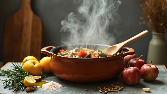 Warm Rustic Stew, Steaming Vegetable Pottage with Apples, Lemons, and Rosemary