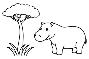 cute Hippopotamus, some grass and a tree, coloring book