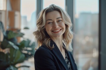 Fototapeta premium Happiness and success in modern city office setting.