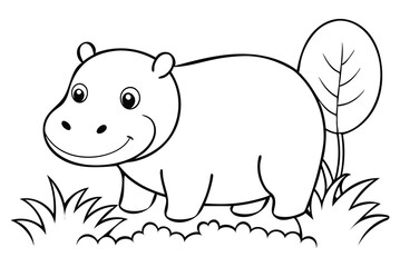 cute Hippopotamus, some grass and a tree, coloring book