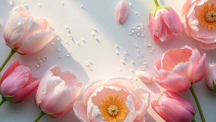 Delicate Pastel Peonies and Tulips with Dew Drops on White Background - Floral Spring Arrangement