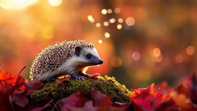 Autumnal hedgehog on floor at sunset