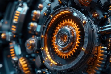 Fototapeta premium Mechanical gears transferring energy in a complex system, showcasing precision engineering and innovation.