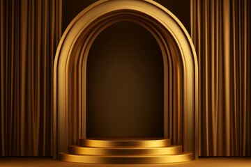 Fototapeta premium Gold podium scene with an arch and gold curtain, creating a sense of depth. The background is dark brown
