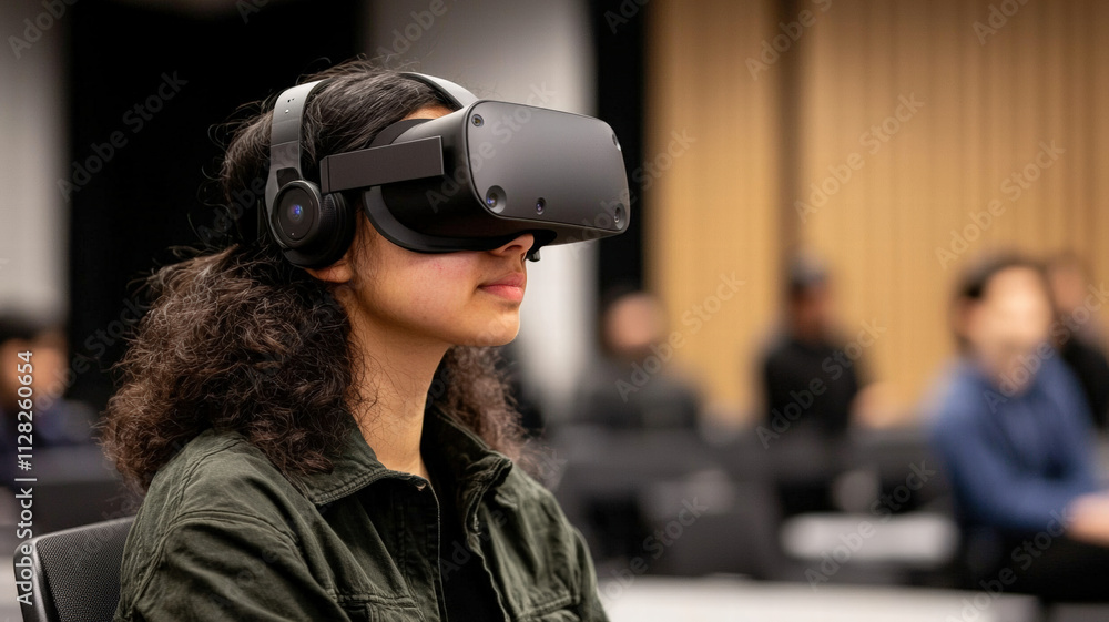 Poster a student experiences virtual reality in a classroom setting, showcasing immersive technology and mo
