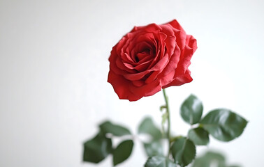 A single red rose with leaves on white background