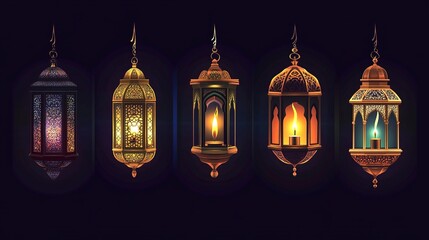 Obraz premium Ramadan Kareem lanterns and lamps. Antique kerosene lamps with underside or frame, old mosque gas lamps or Muslim Ramadan Kareem lanterns.