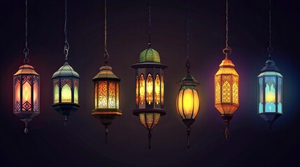 Obraz premium Ramadan Kareem lanterns and lamps. Antique kerosene lamps with underside or frame, old mosque gas lamps or Muslim Ramadan Kareem lanterns.