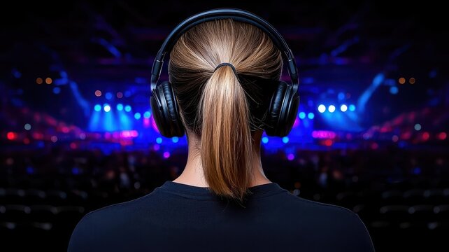 An event manager speaking into a headset while coordinating with a production team backstage, symbolizing live event execution and real time problem solving, 3D render