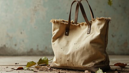 Worn Vintage Canvas Shopping Tote Bag, 90s Thrift Store Chic Aesthetic, Frayed Edges, Dirt, Leaves, Weathered Leather Straps