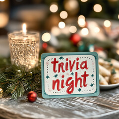 Christmas "Trivia Night" card placed on a festive table, surrounded by holiday decorations, creating a warm and fun atmosphere for a Christmas gathering or game night.