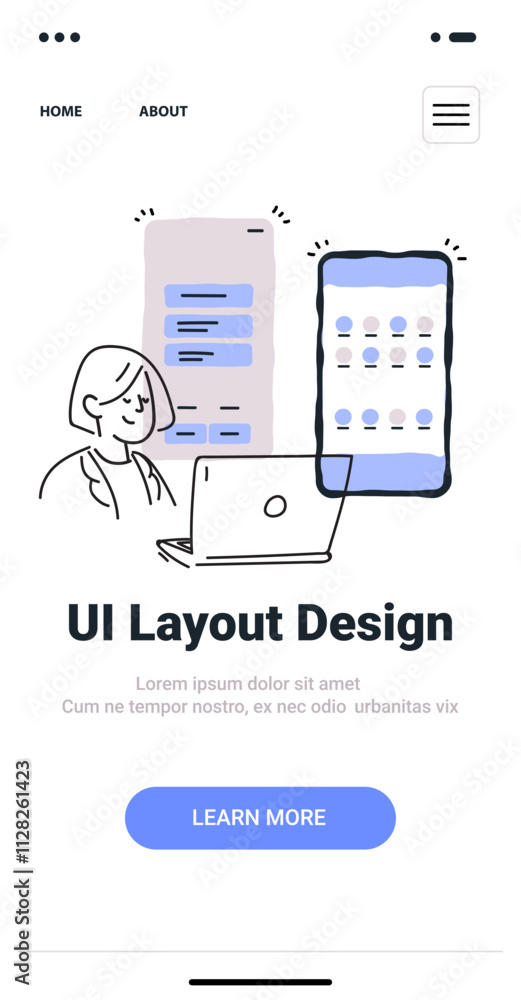 Poster ui layout design concept with person working on laptop and mobile screens in minimalist sketch style