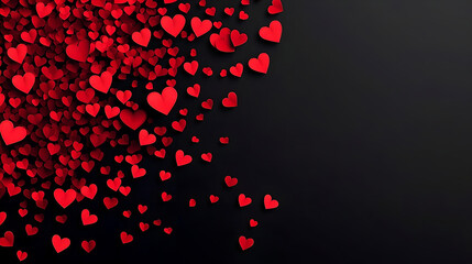 Valentine's day card. Many small red hearts on black background, paper art illustration 