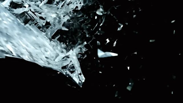Detailed window glass breaking with jagged edges, black background