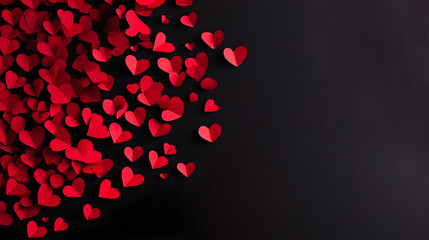 Valentine's day card. Many small red hearts on black background, paper art illustration 