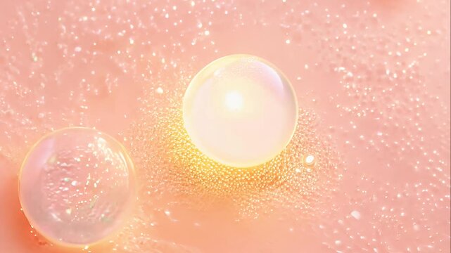 Animated cosmetic essence balls penetrating deep into skin layers, triggering cellular activation and glowing rejuvenation