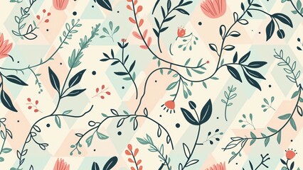 Seamless Pastel Floral Geometric Background, Whimsical Vines, Botanical Motifs, and Minimalist Hand-Drawn Doodles