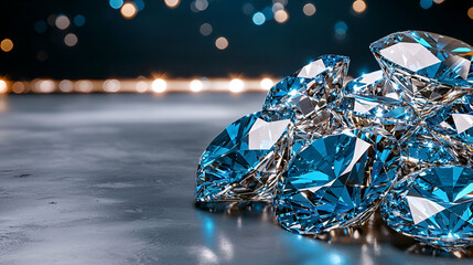 Fototapeta premium A collection of sparkling blue diamonds on a reflective surface with a blurred light background, showcasing luxury and elegance.