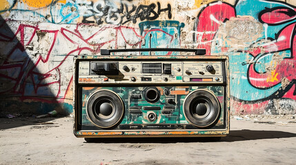 Fototapeta premium Retro Boombox with Colorful Urban Graffiti Background