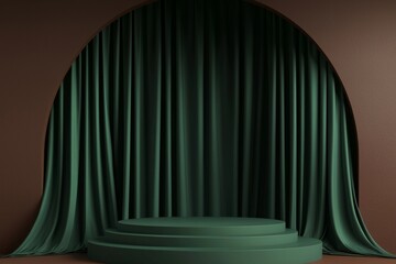 Green podium scene with an arch and green curtain, creating a sense of depth. The background is dark brown