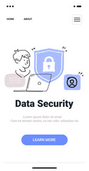 Data security concept with person laptop shield. Illustration shows a person using a laptop with a shield and lock icon symbolizing security. Minimalist hand drawn web template