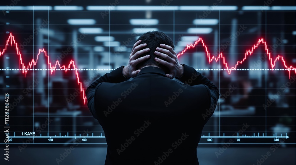 Poster man holding head in frustration in front of declining stock market graph in a dark office background