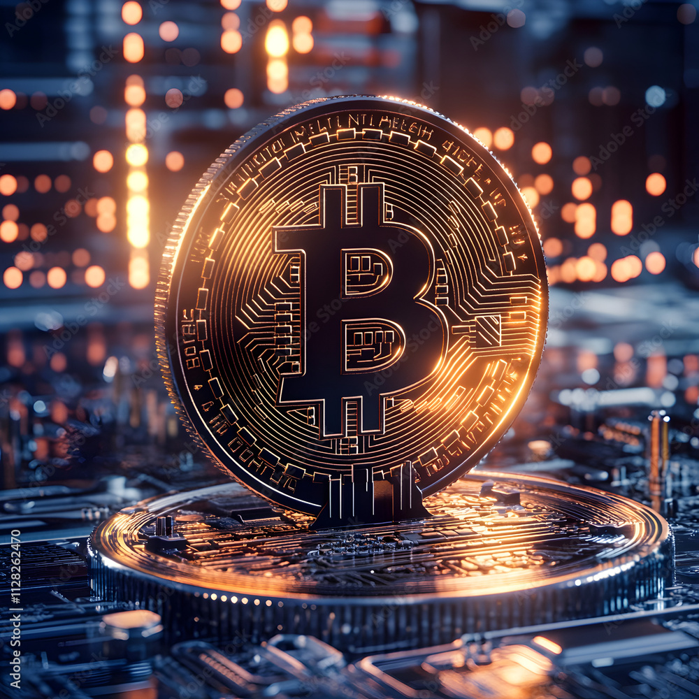 Poster illuminated bitcoin token displayed in a tech environment – stock photo