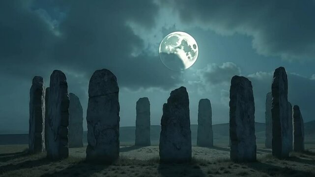 "A full moon rising over an ancient stone circle, the moonlight illuminating the stones and casting long shadows, set in a mystical and realistic atmosphere."
