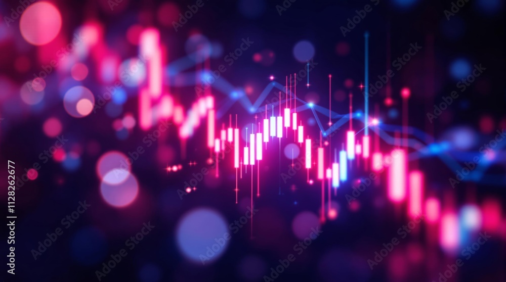 Poster Abstract chart with glowing stock market candlesticks and bokeh lights on a dark background. Concept of financial trends and data analysis.