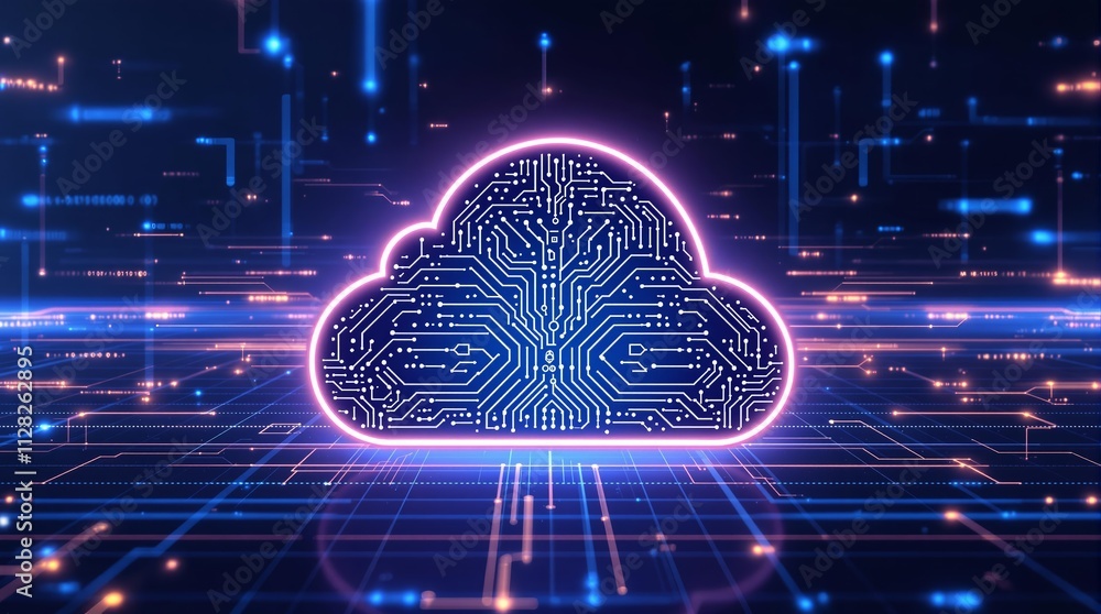 Poster neon cloud-shaped circuitry design on a digital network background.