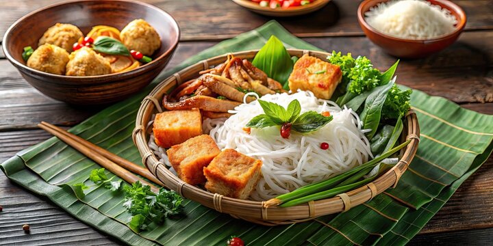 Traditional Vietnamese dish, bun dau mam tom served with rice noodles, fried tofu, shrimp paste, and herbs