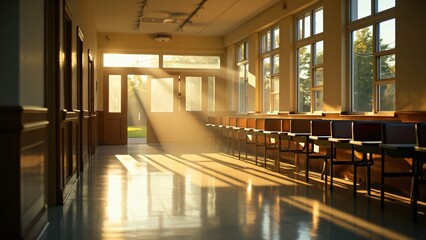 Fototapeta premium Sunlit School Hallway with Rows of Desks and Bright Windows, Back to School Education Concept