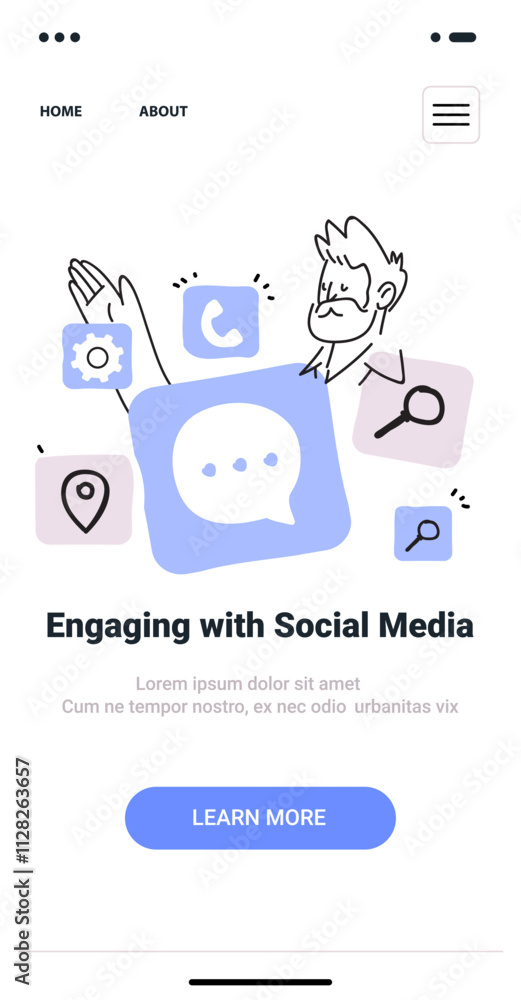 Poster engaging with social media concept featuring doodle-style icons and a character interacting with var