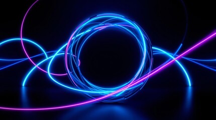 Abstract neon light trails forming circular shapes on dark background.