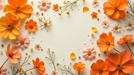 Vibrant Orange Cosmos Flower Flat Lay, Romantic Bohemian Postcard Design