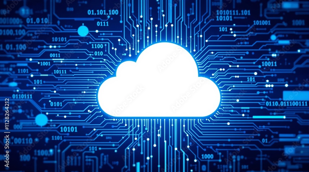 Poster Cloud icon surrounded by glowing blue digital circuits on a dark background.
