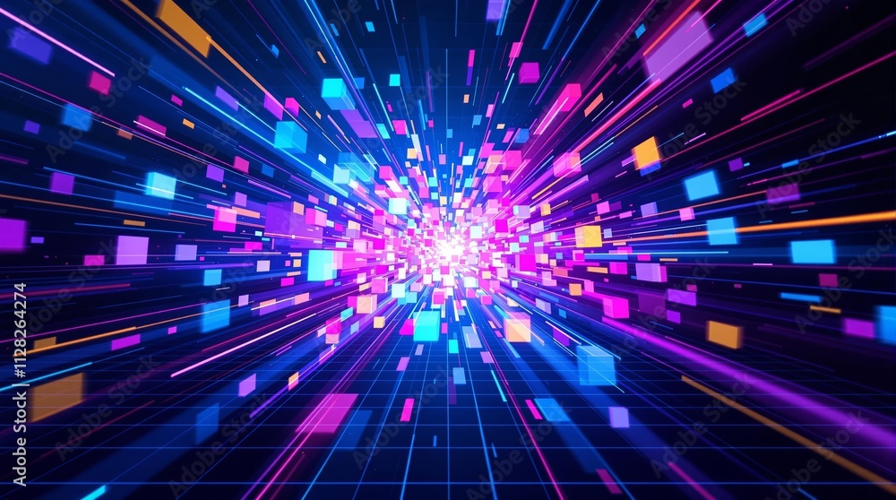Poster futuristic digital explosion with vibrant, colorful pixelated elements on a dark blue grid backgroun