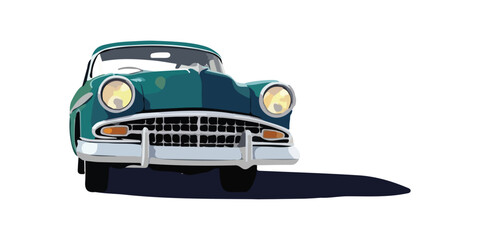 front view Classic green Car drive on a City Street in Motion cartoon