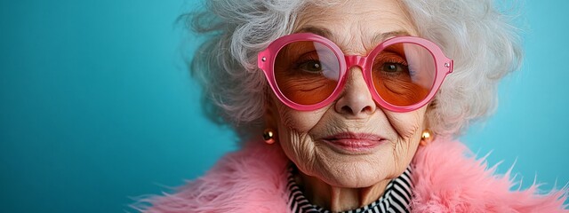 A joyful elderly woman in a pink fur coat and sunglasses, perfect for vibrant marketing materials, fashion promotions, or celebrations of senior joy.