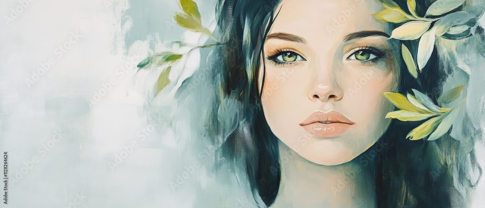 Poster enchanting portrait of a woman surrounded by greenery: beautiful face with soft features and nature-