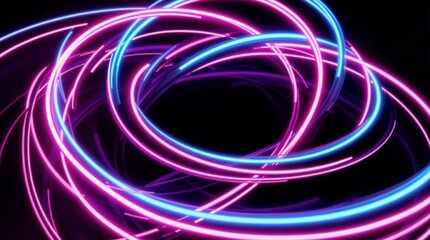 Neon light trails in vibrant pink and blue on a dark background.