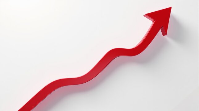 Red upward arrow with curving trajectory on white background symbolizing growth and progress.