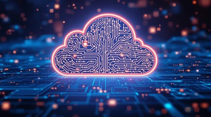 Glowing circuit cloud symbol on a futuristic digital background.