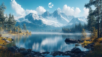 Serene mountain lake reflecting snow-capped peaks under a daytime moon.