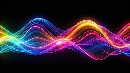 Naklejka premium Abstract neon color waves on black background, neon, abstract, modern, vibrant, colorful, waves, flow, design, digital, background