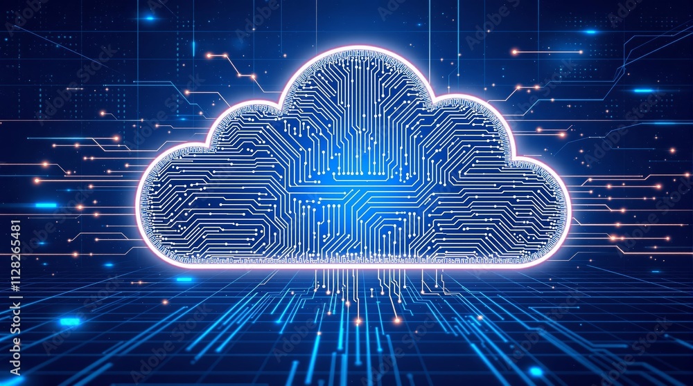 Aufkleber Cloud computing concept with digital circuits on a glowing cloud shape in a futuristic blue background.